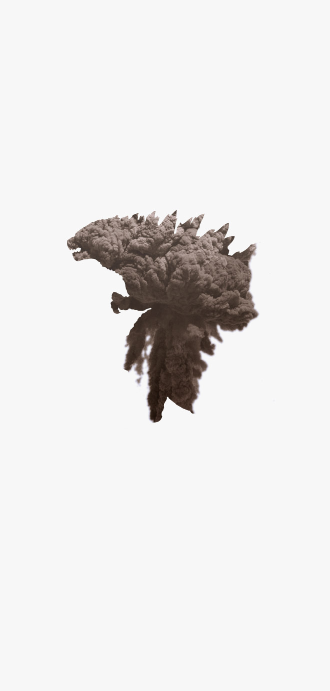 image of Godzilla silhouette from Godzilla 2014 movie with double exposure of atom bomb