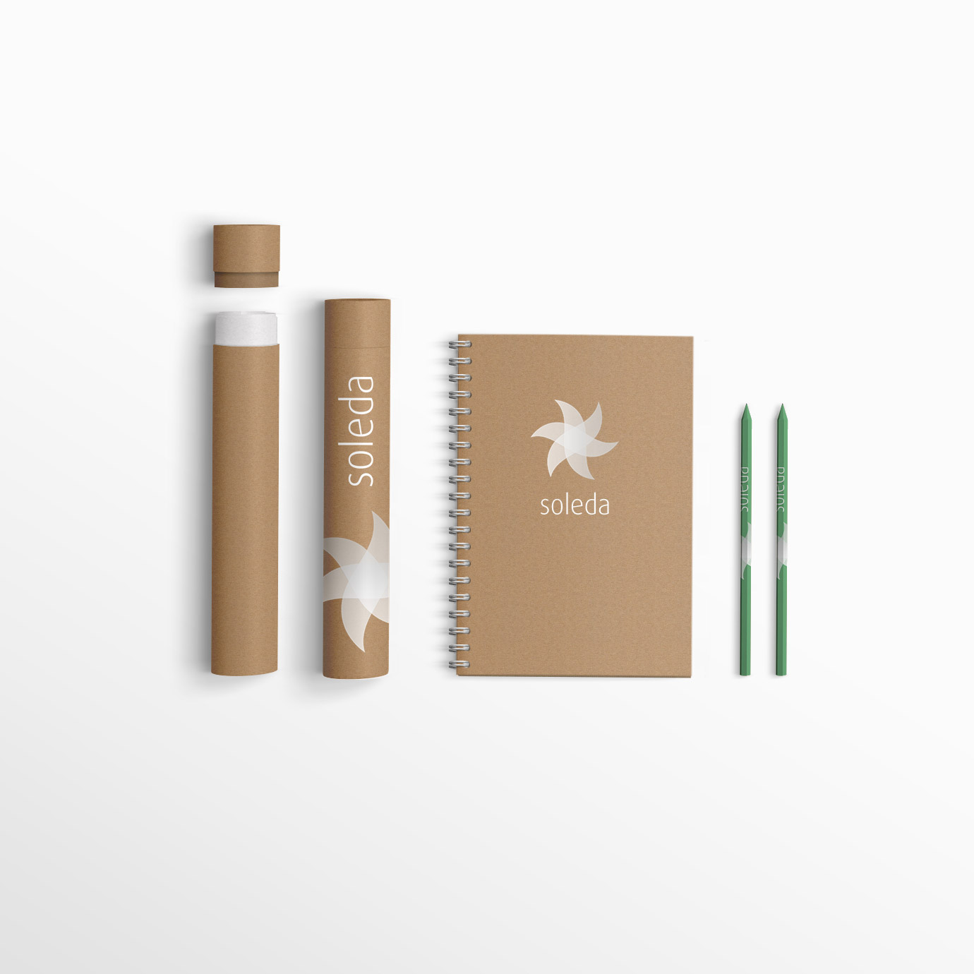 mockup Soleda stationary with cylinder, notebook en pencils